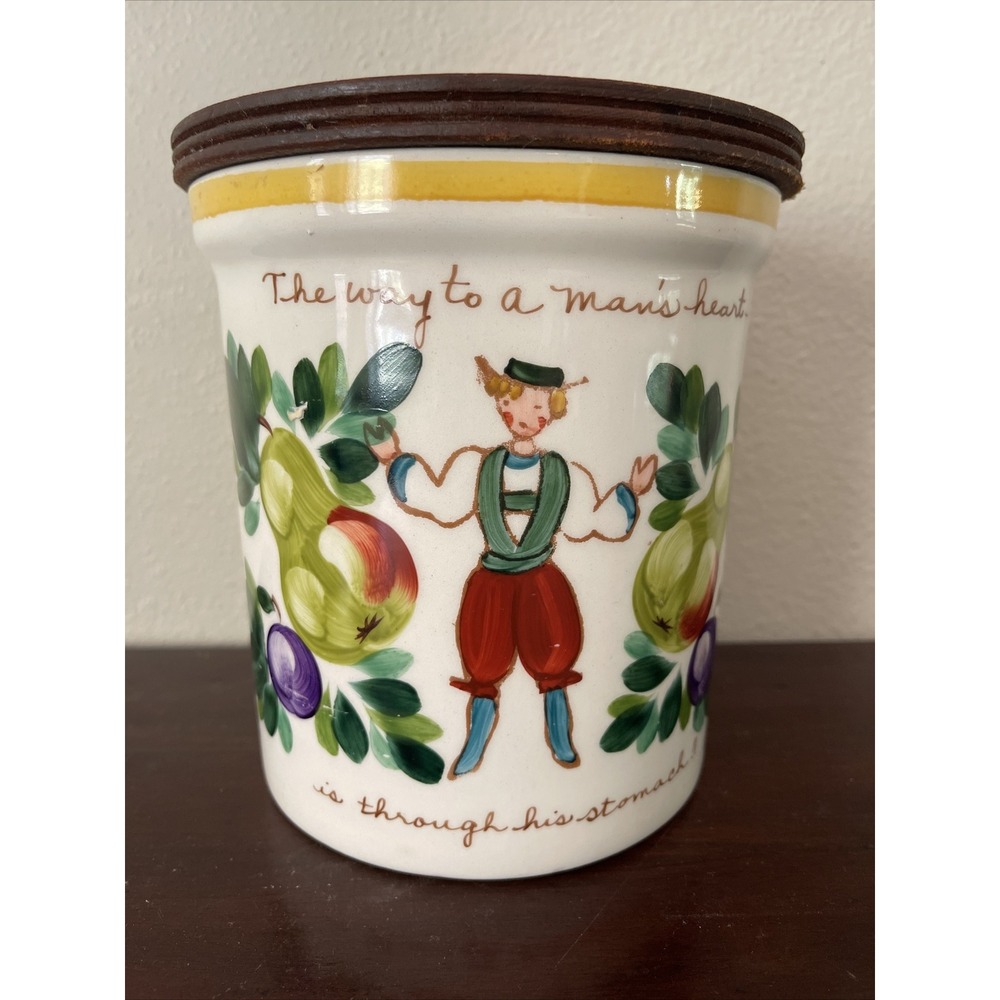Vtg Bauer Pottery Kitchen Canister Way 2 Mans‎ Heart Thru Stomach Kitsch Motto